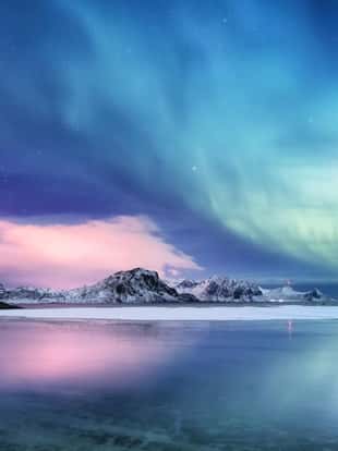 Aurora borealis on the Lofoten islands, Norway. Green northern lights above ocean. Night sky with polar lights. Night winter landscape with aurora and reflection on the water surface. Norway-image