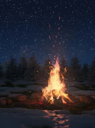 3d rendering of big bonfire with sparks and particles in front of snowy pine trees and starry sky