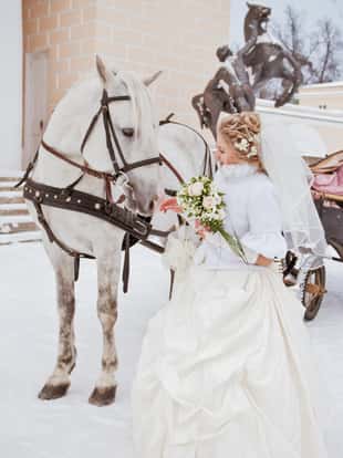 The beautiful bride with a horse in a winter park