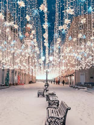 One of old streets, it is a very popular pedestrian street in historical center of Moscow. Night view of the street on the New Year holidays
