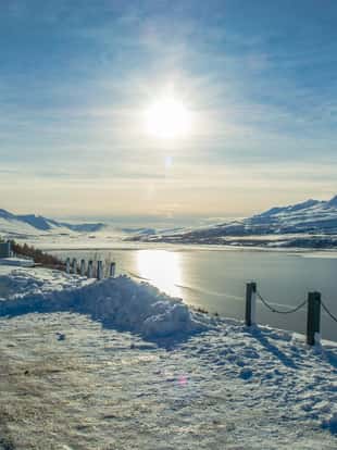 Beautiful mountain and lake in Akureyri City during Winter