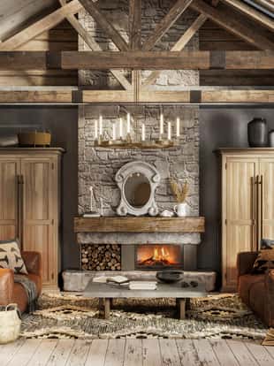 Beautiful interior of a living room in winter cottage. Digitally generated image of luxurious living room in modern style with sofas by the fireplace in the log house.
