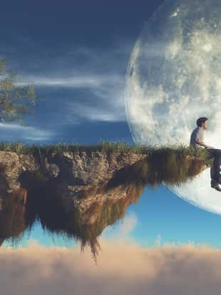 Man on the edge of a piece of land watching the moon. This is a 3d render illustration