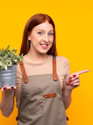 Young redhead gardener woman holding a plant over isolated yellow background pointing finger to the side