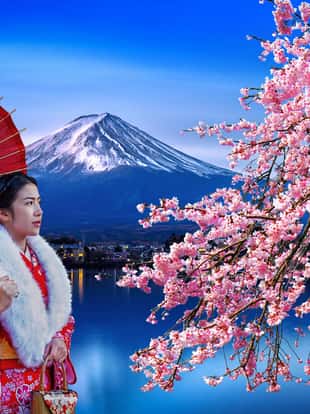 Asian woman wearing japanese traditional kimono at Fuji mountain and cherry blossom, Kawaguchiko lake in Japan.