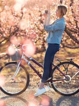 Shot of pretty young woman with a vintage bike taking photographs of cherry blossoms on the field in springtime.