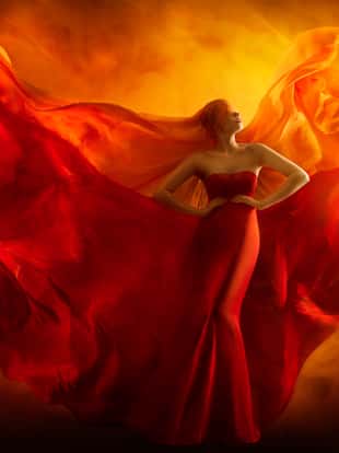 Fashion Model Art Fantasy Fire Dress, Blindfolded Woman Dreams in Red Flying Gown, Girl Beauty Portrait, Fabric Fluttering like Flame Wings