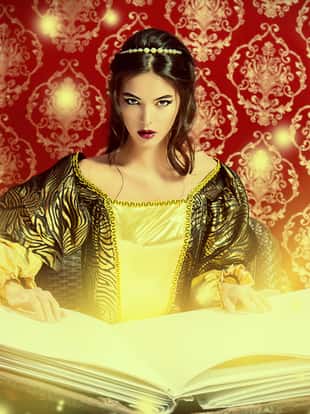 Fairy beautiful witch reads magic book of spells. Vintage style. Renaissance. Barocco. Halloween.
