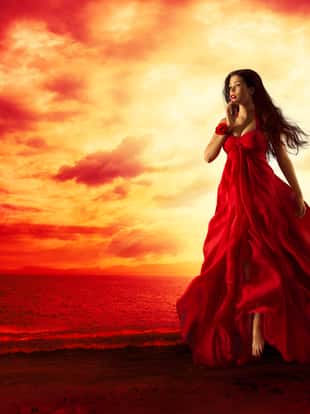 Woman Flying Red Dress, Fashion Model in Evening Gown Levitating Outdoors, Sunset