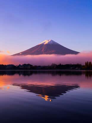 Mountain Fuji at winter morning with reflection on the lake Kawaguchi, Japan