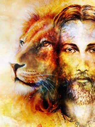 painting of Jesus with a lion, on beautiful colorful background with hint of space feeling, lion profile portrait