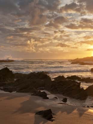 Sunset on the Atlantic Ocean. Evening low tide. Beautiful seascape. Portugal, Algarve