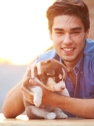 Handsome Hispanic man stroking his cute little puppy